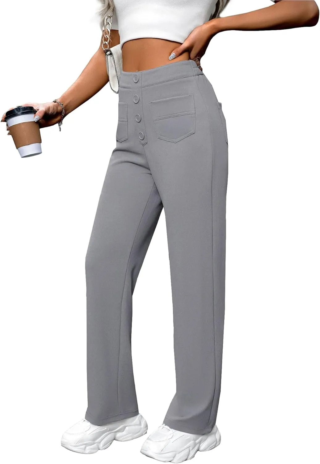 AIFARLD Straight Leg Pants for Women Flexipants High Waisted Button Stretchy Trousers Multiple Pockets Business Work Casual