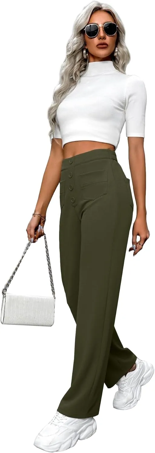 AIFARLD Straight Leg Pants for Women Flexipants High Waisted Button Stretchy Trousers Multiple Pockets Business Work Casual