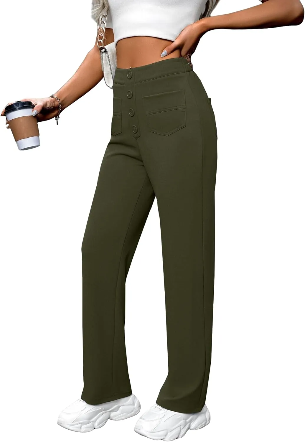 AIFARLD Straight Leg Pants for Women Flexipants High Waisted Button Stretchy Trousers Multiple Pockets Business Work Casual