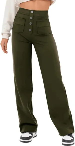 AIFARLD Straight Leg Pants for Women Flexipants High Waisted Button Stretchy Trousers Multiple Pockets Business Work Casual