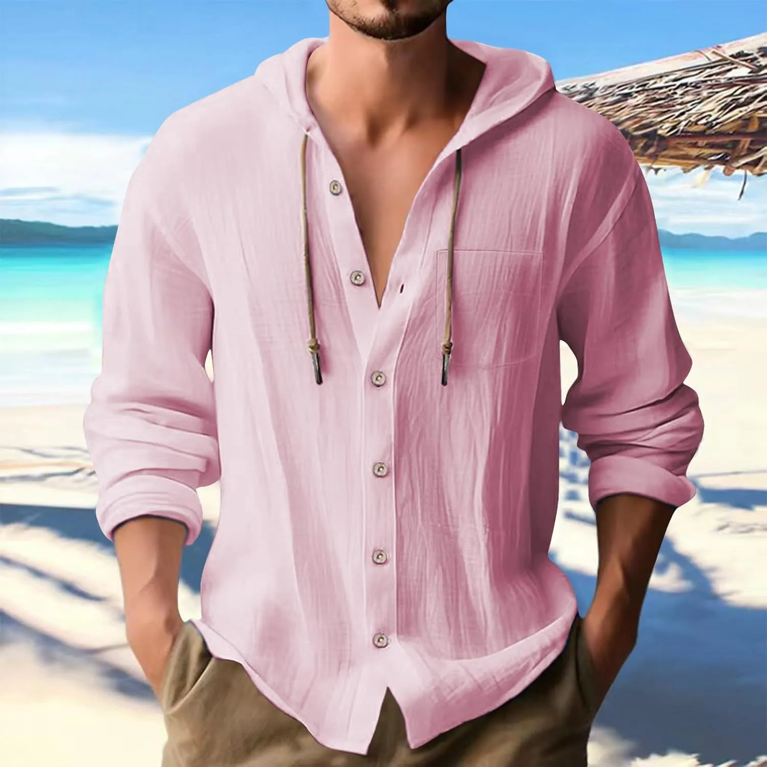 aihihe Linen Shirts for Men Long Sleeve Hooded Pirate Shirt Drawstring Button Down Summer Relaxed Fit Beach Shirt with Pocket