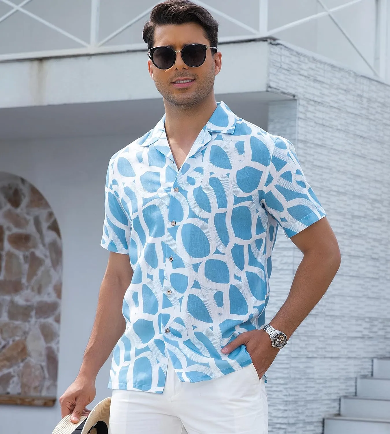 Alex Vando Mens Print Linen Cotton Shirts Short Sleeve Casual Summer Beach Hawaiian Shirt for Men