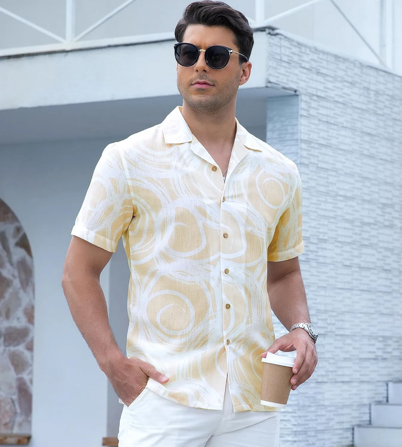 Alex Vando Mens Print Linen Cotton Shirts Short Sleeve Casual Summer Beach Hawaiian Shirt for Men