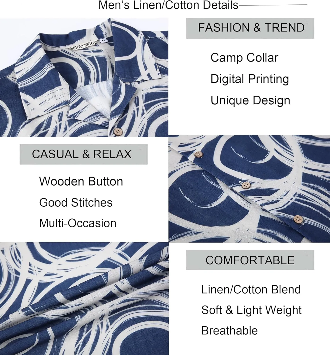 Alex Vando Mens Print Linen Cotton Shirts Short Sleeve Casual Summer Beach Hawaiian Shirt for Men
