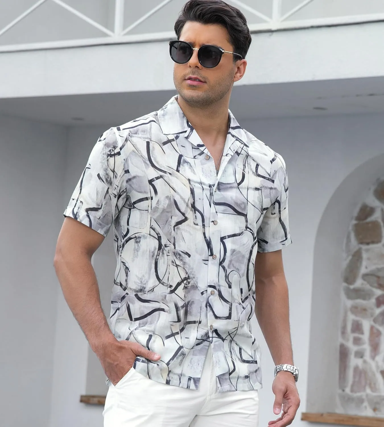 Alex Vando Mens Print Linen Cotton Shirts Short Sleeve Casual Summer Beach Hawaiian Shirt for Men