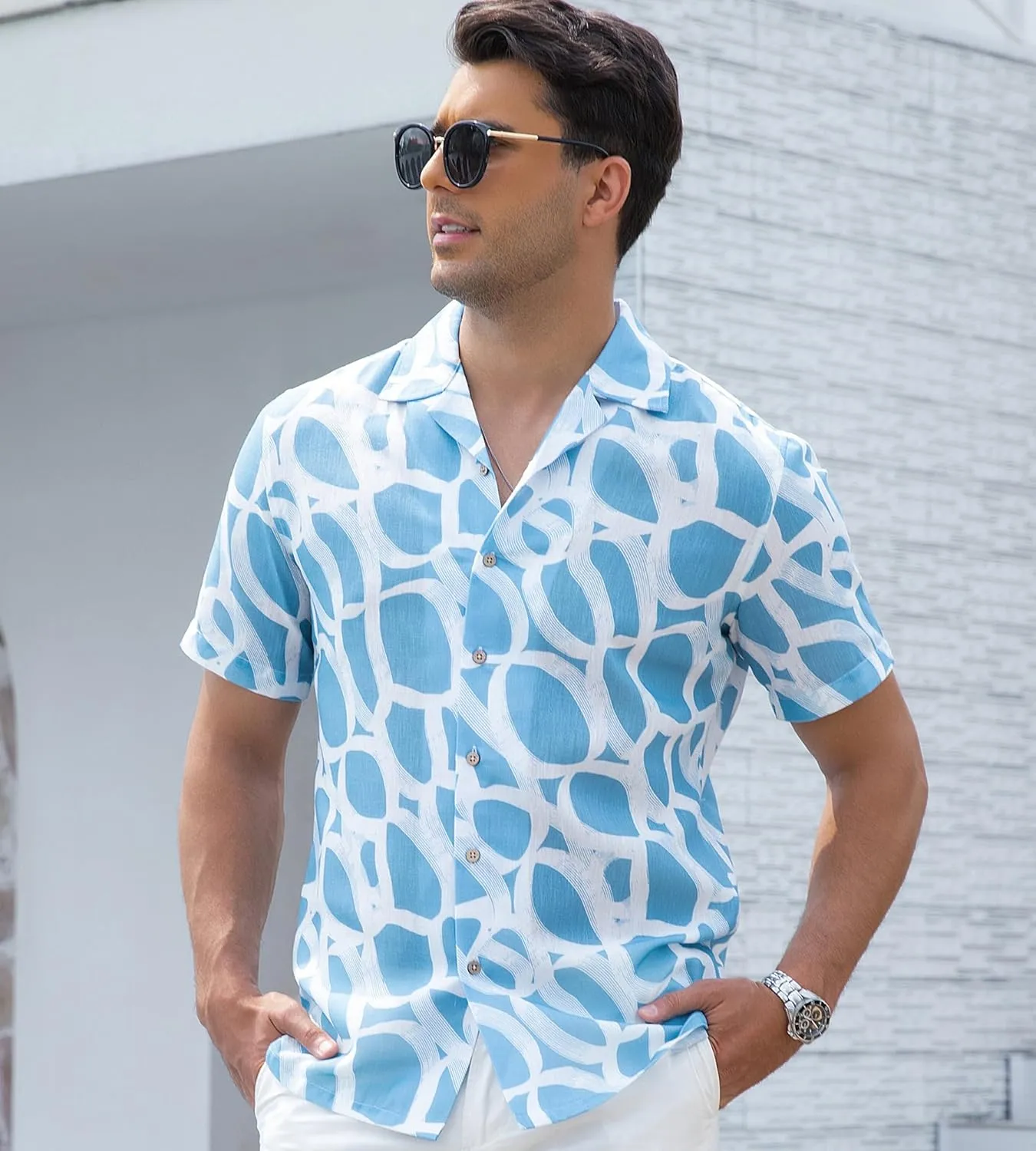 Alex Vando Mens Print Linen Cotton Shirts Short Sleeve Casual Summer Beach Hawaiian Shirt for Men