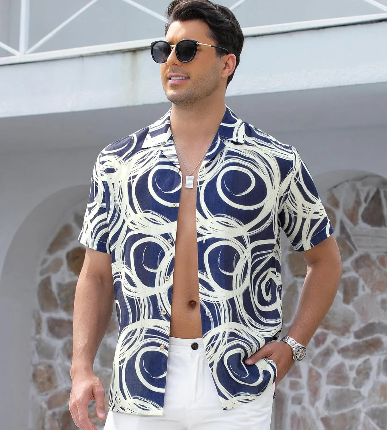 Alex Vando Mens Print Linen Cotton Shirts Short Sleeve Casual Summer Beach Hawaiian Shirt for Men