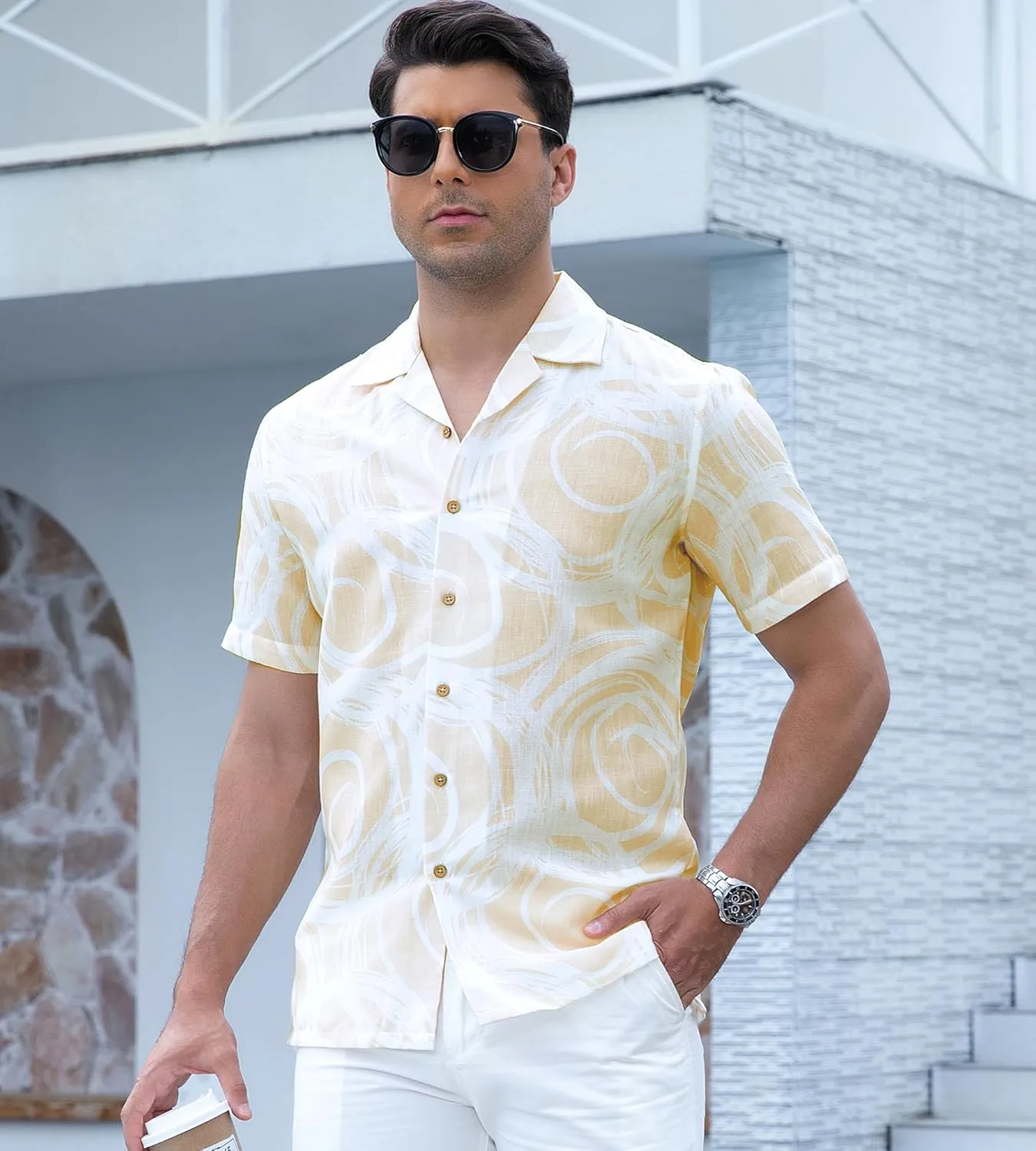 Alex Vando Mens Print Linen Cotton Shirts Short Sleeve Casual Summer Beach Hawaiian Shirt for Men