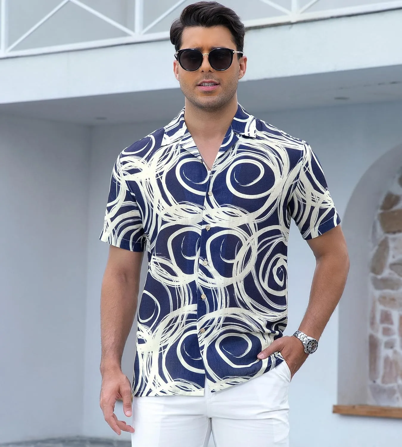 Alex Vando Mens Print Linen Cotton Shirts Short Sleeve Casual Summer Beach Hawaiian Shirt for Men