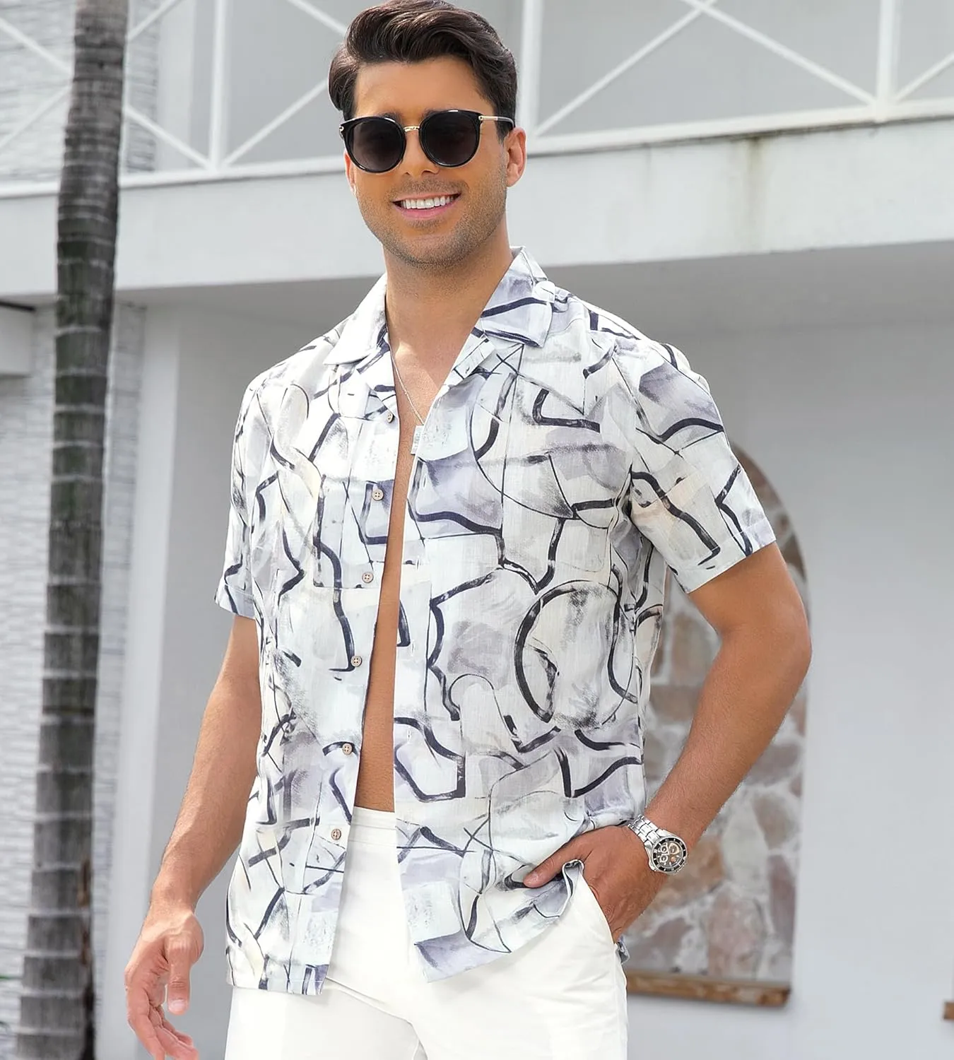 Alex Vando Mens Print Linen Cotton Shirts Short Sleeve Casual Summer Beach Hawaiian Shirt for Men