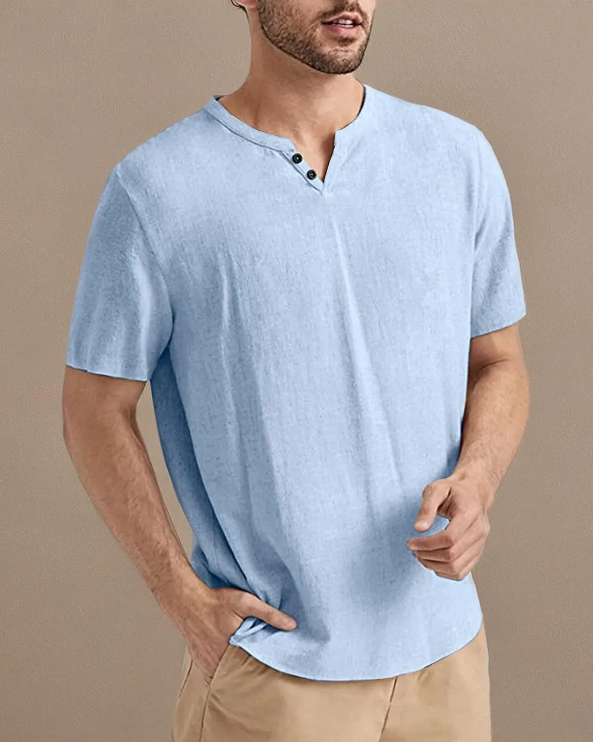 Angbater Men's Linen Shirt Short Beach Hippie T Shirts Casual Summer Lightweight Tropical Henley Shirts