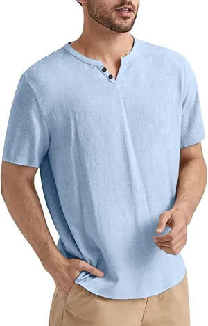 Angbater Men's Linen Shirt Short Beach Hippie T Shirts Casual Summer Lightweight Tropical Henley Shirts