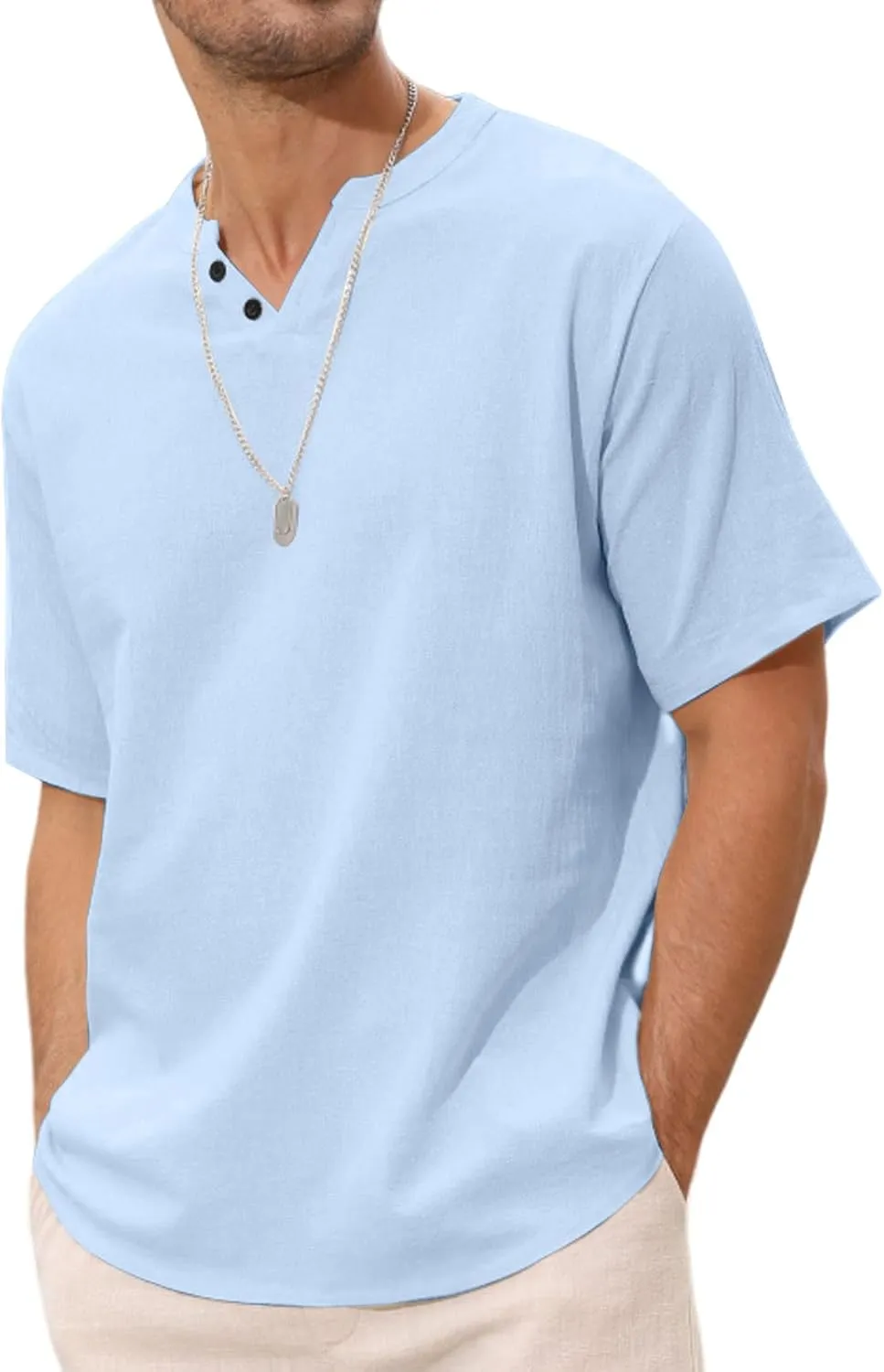 Angbater Men's Linen Shirt Short Beach Hippie T Shirts Casual Summer Lightweight Tropical Henley Shirts