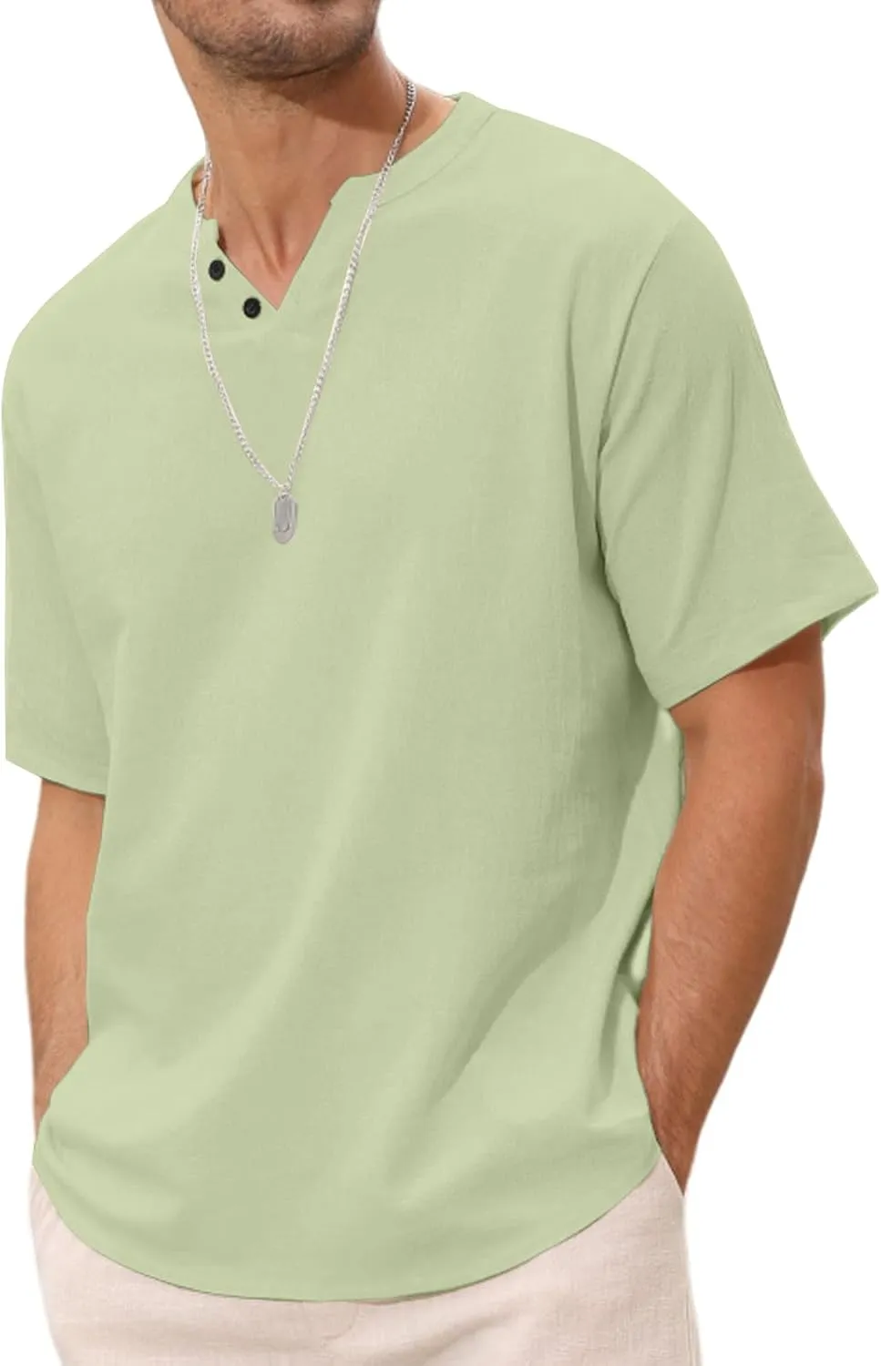 Angbater Men's Linen Shirt Short Beach Hippie T Shirts Casual Summer Lightweight Tropical Henley Shirts