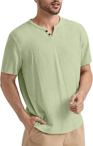 Angbater Men's Linen Shirt Short Beach Hippie T Shirts Casual Summer Lightweight Tropical Henley Shirts