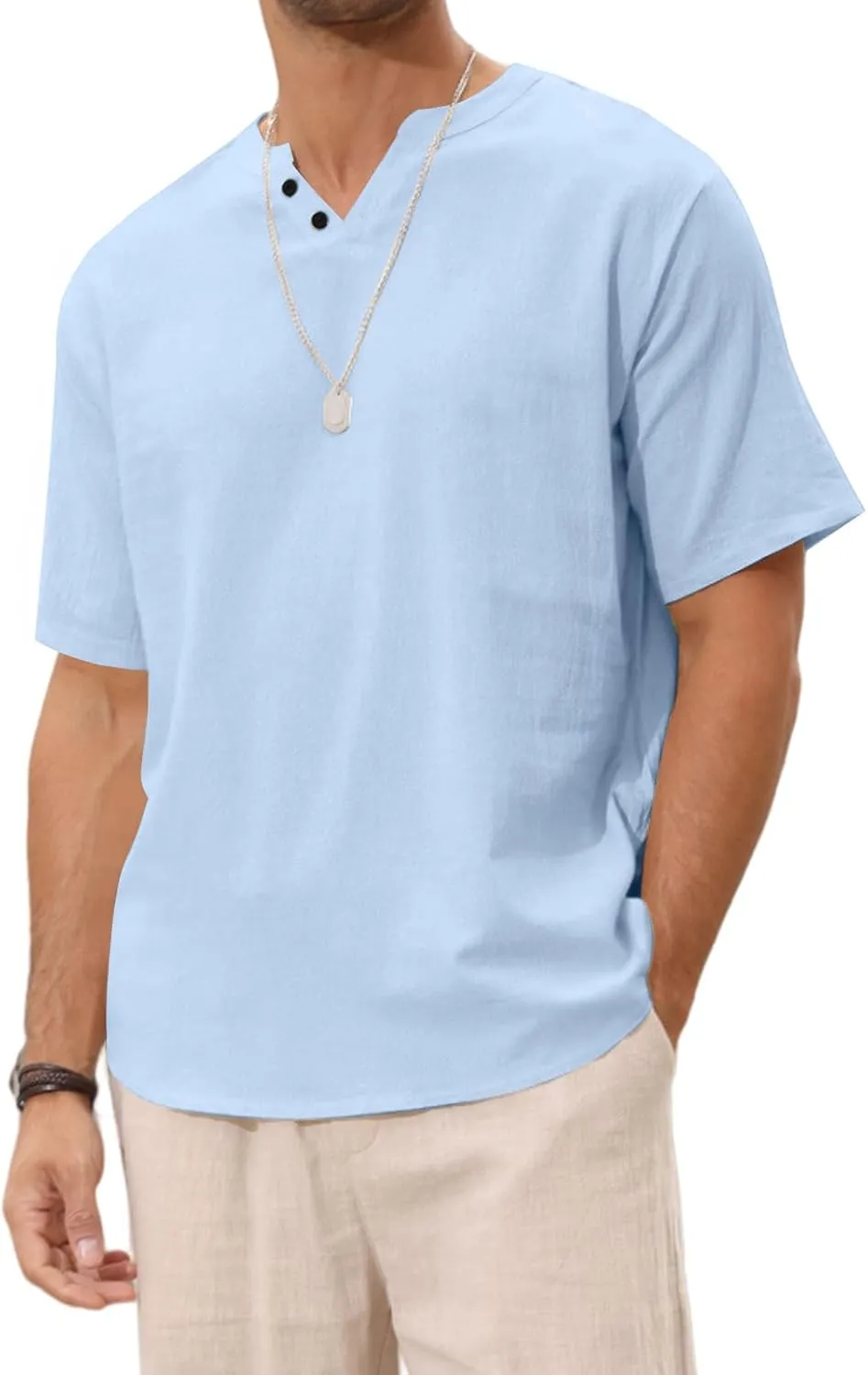 Angbater Men's Linen Shirt Short Beach Hippie T Shirts Casual Summer Lightweight Tropical Henley Shirts