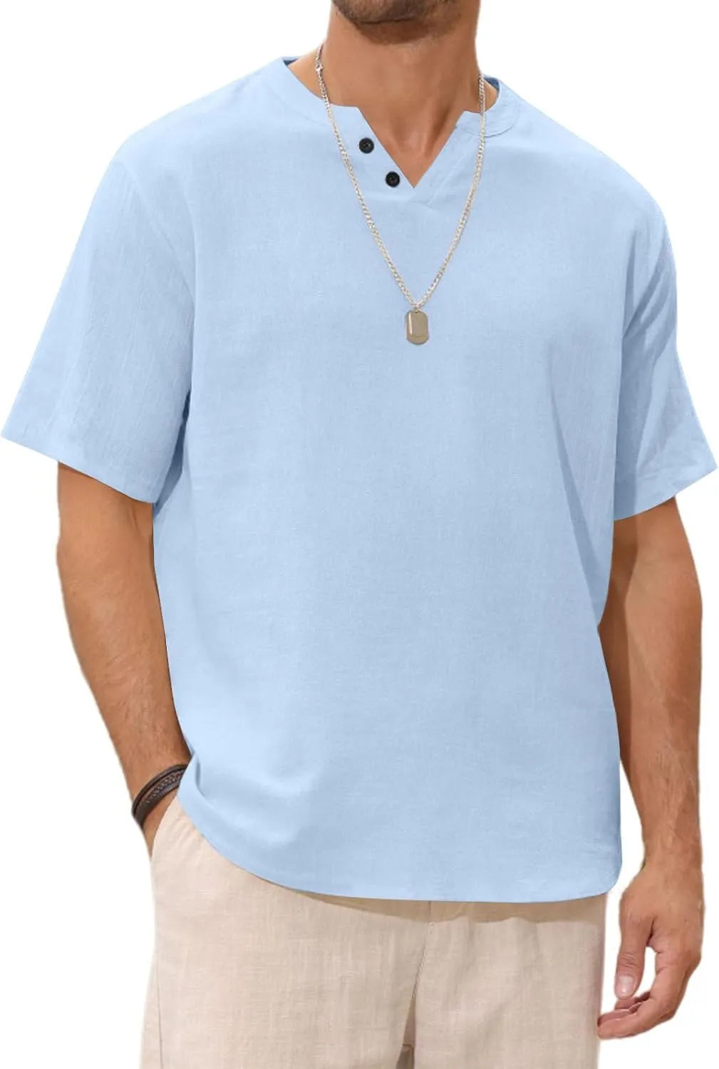 Angbater Men's Linen Shirt Short Beach Hippie T Shirts Casual Summer Lightweight Tropical Henley Shirts