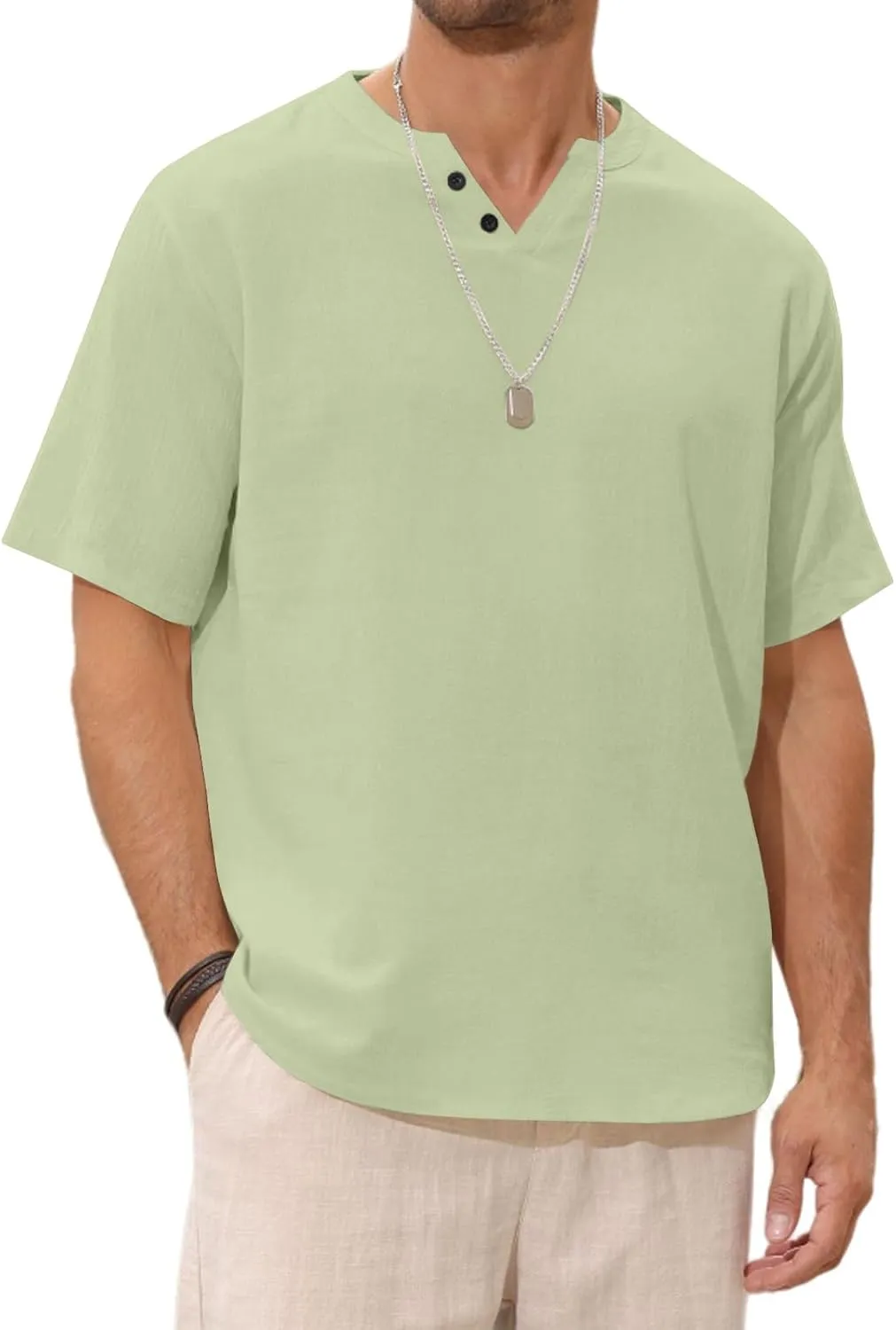 Angbater Men's Linen Shirt Short Beach Hippie T Shirts Casual Summer Lightweight Tropical Henley Shirts