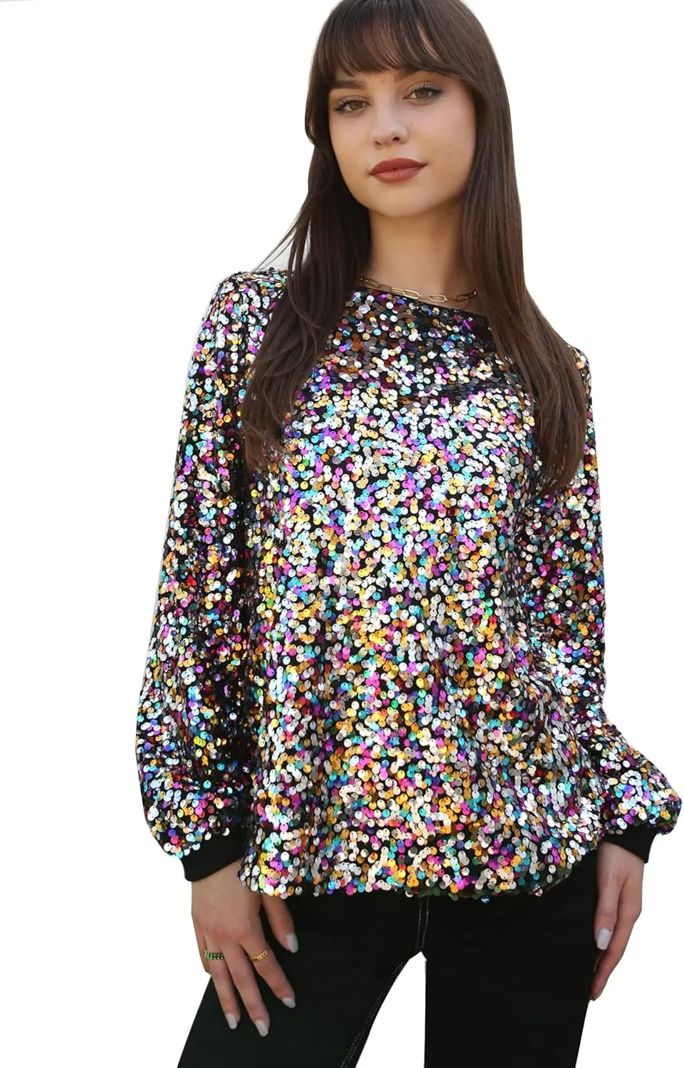 Anna-Kaci Long Sleeve Sequin Crew Neck Fashion Pullovers Sweatshirt Evening Party,