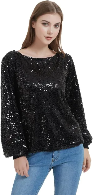 Anna-Kaci Long Sleeve Sequin Crew Neck Fashion Pullovers Sweatshirt Evening Party,