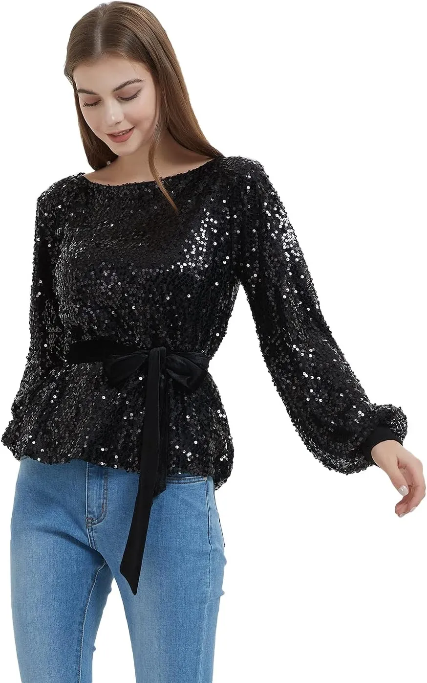 Anna-Kaci Long Sleeve Sequin Crew Neck Fashion Pullovers Sweatshirt Evening Party,
