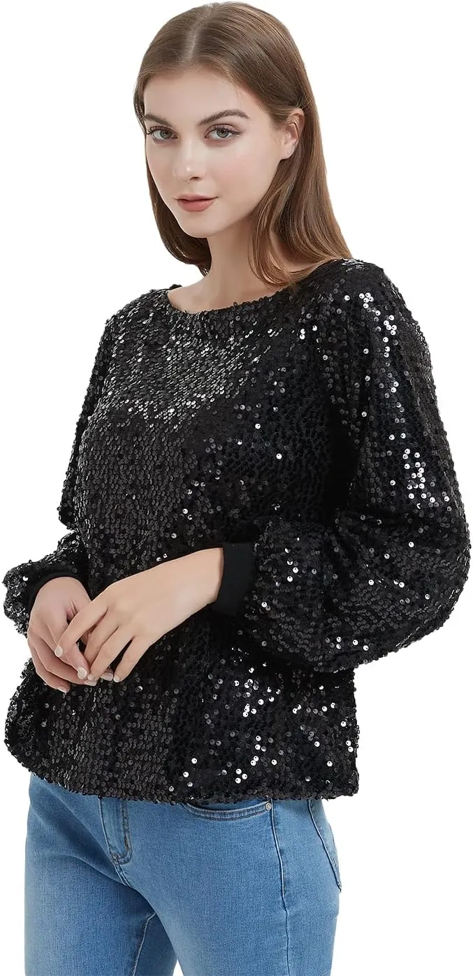 Anna-Kaci Long Sleeve Sequin Crew Neck Fashion Pullovers Sweatshirt Evening Party,