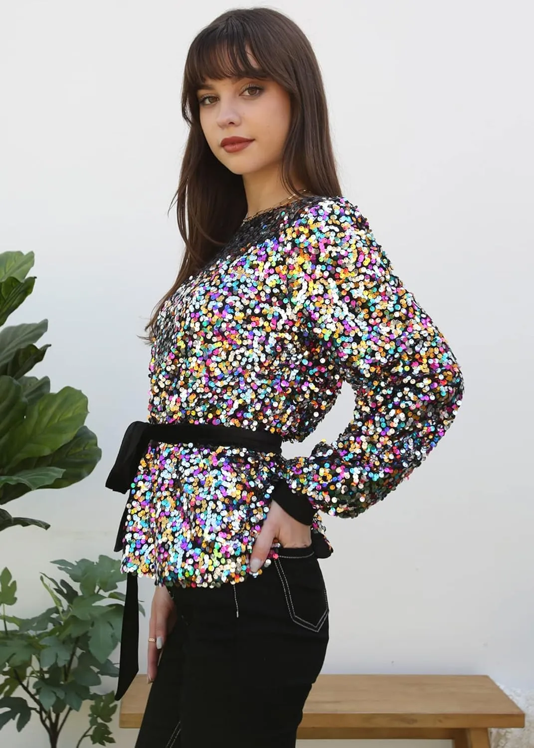 Anna-Kaci Long Sleeve Sequin Crew Neck Fashion Pullovers Sweatshirt Evening Party,