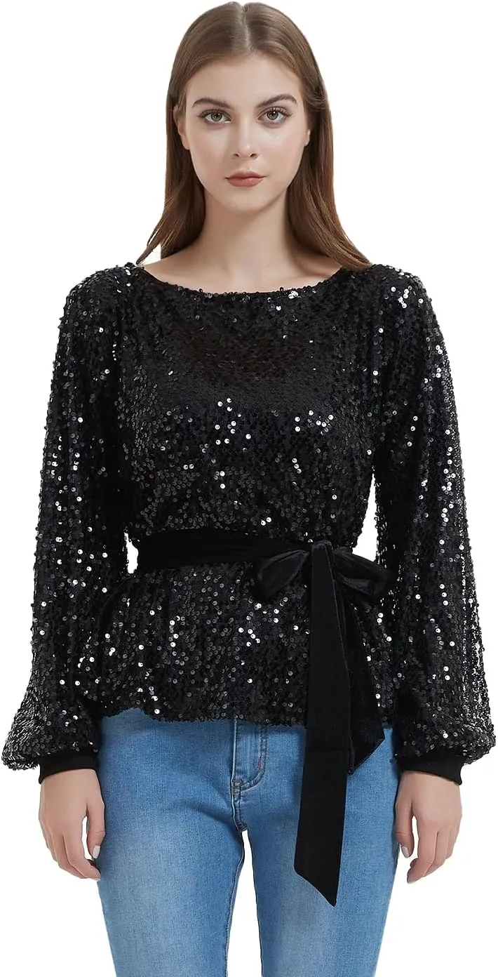 Anna-Kaci Long Sleeve Sequin Crew Neck Fashion Pullovers Sweatshirt Evening Party,