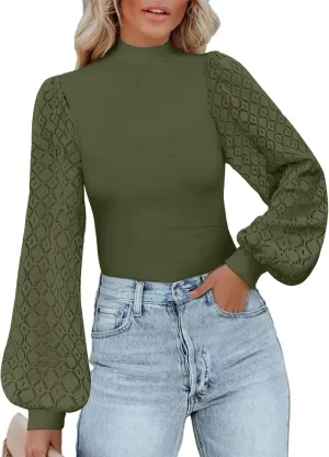Areecin Women's Mock Neck Tops Long Sleeve Shirts Ribbed Knit Slim Fitted Casual Pullovers Tee Basic Tops