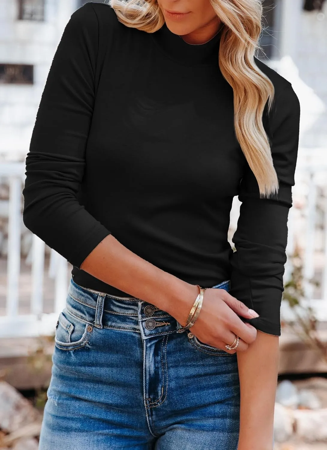 Areecin Women's Mock Neck Tops Long Sleeve Shirts Ribbed Knit Slim Fitted Casual Pullovers Tee Basic Tops