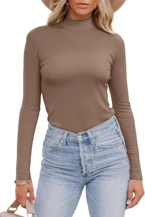 Areecin Women's Mock Neck Tops Long Sleeve Shirts Ribbed Knit Slim Fitted Casual Pullovers Tee Basic Tops