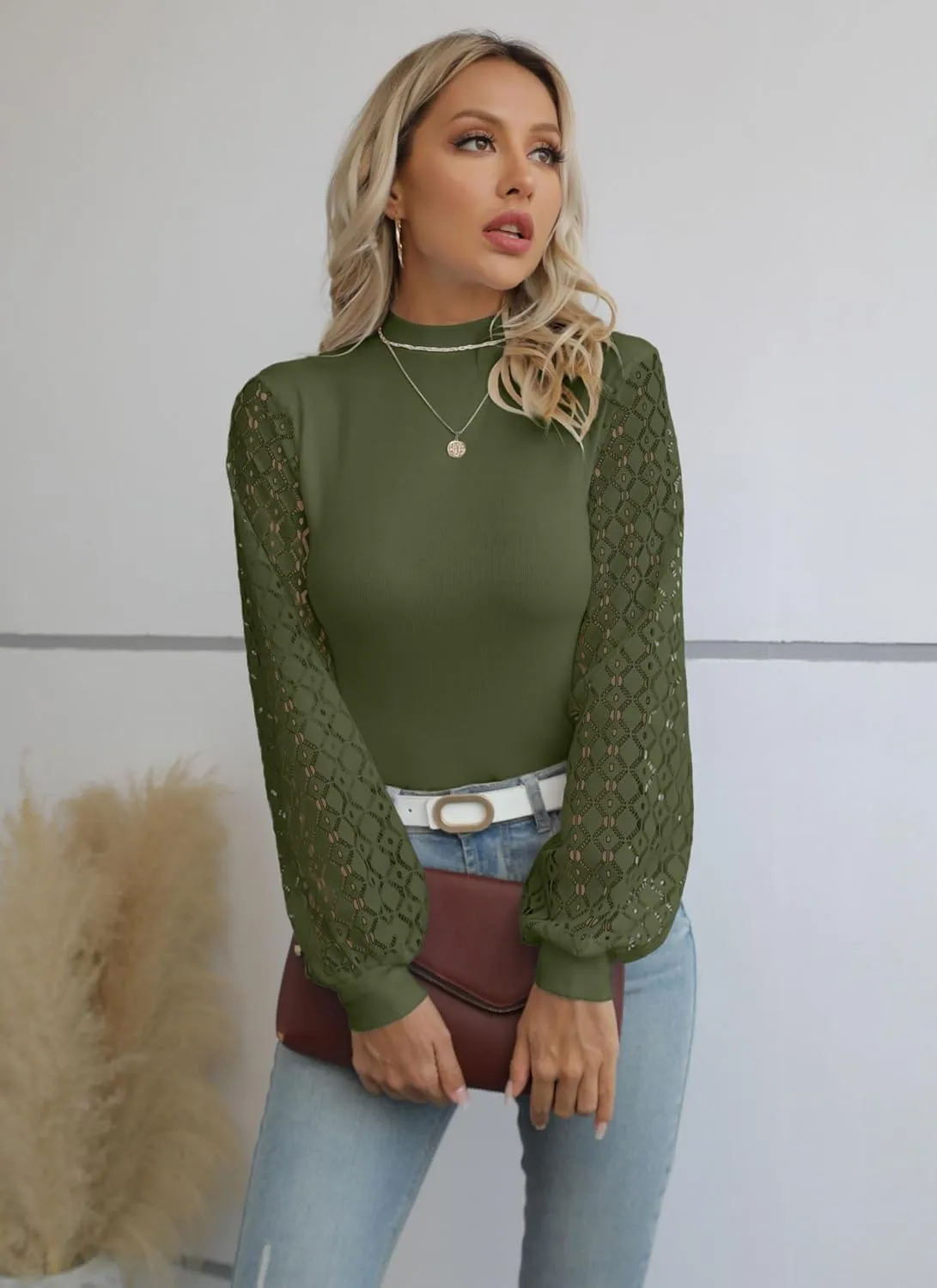Areecin Women's Mock Neck Tops Long Sleeve Shirts Ribbed Knit Slim Fitted Casual Pullovers Tee Basic Tops