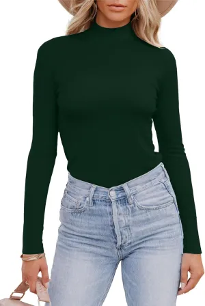 Areecin Women's Mock Neck Tops Long Sleeve Shirts Ribbed Knit Slim Fitted Casual Pullovers Tee Basic Tops
