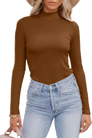 Areecin Women's Mock Neck Tops Long Sleeve Shirts Ribbed Knit Slim Fitted Casual Pullovers Tee Basic Tops