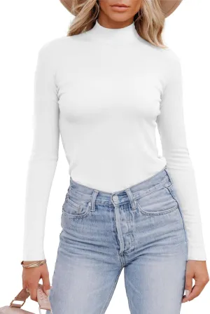 Areecin Women's Mock Neck Tops Long Sleeve Shirts Ribbed Knit Slim Fitted Casual Pullovers Tee Basic Tops