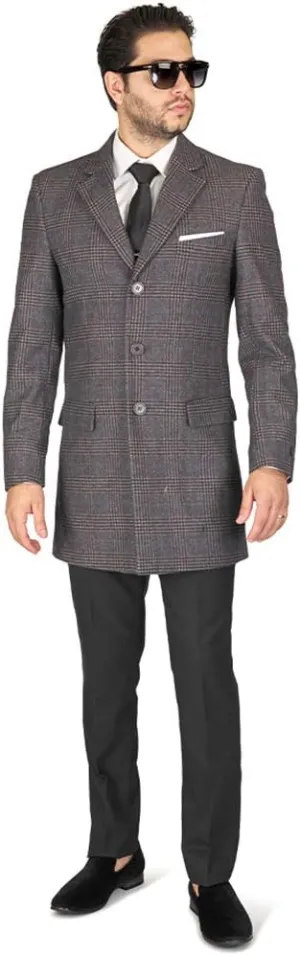 AZAR MAN Slim Fit Modern Wool Overcoat 3 Button Notch Lapel Top Trench Coat
