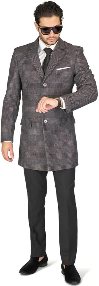 AZAR MAN Slim Fit Modern Wool Overcoat 3 Button Notch Lapel Top Trench Coat