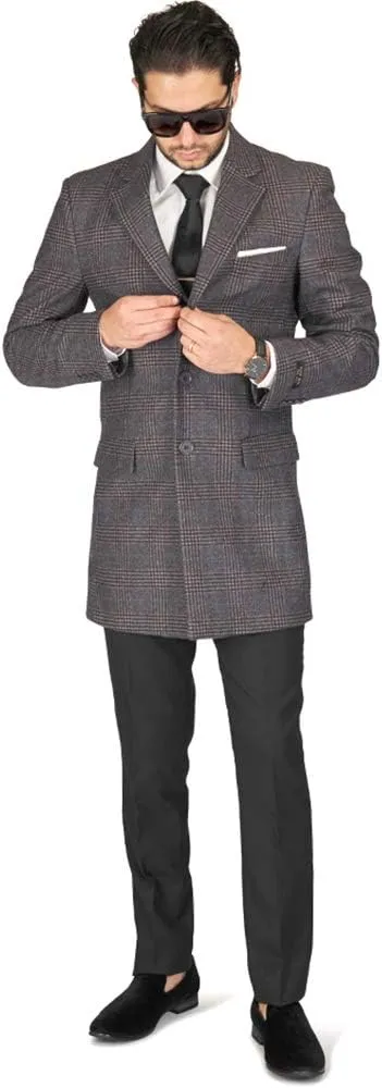 AZAR MAN Slim Fit Modern Wool Overcoat 3 Button Notch Lapel Top Trench Coat