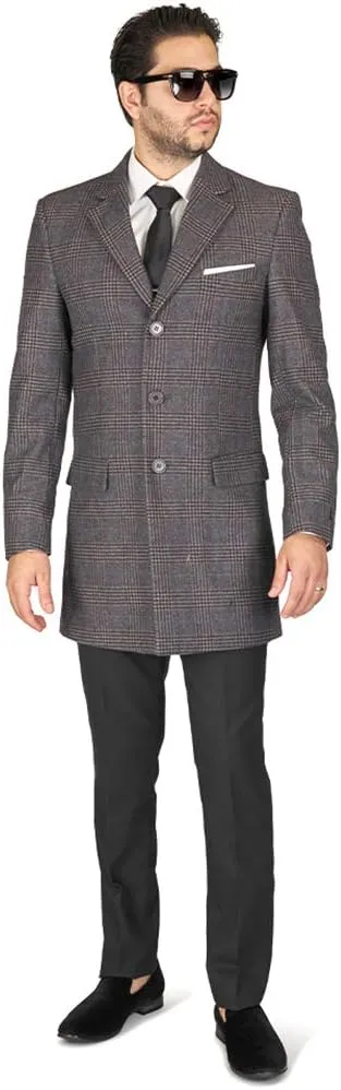 AZAR MAN Slim Fit Modern Wool Overcoat 3 Button Notch Lapel Top Trench Coat