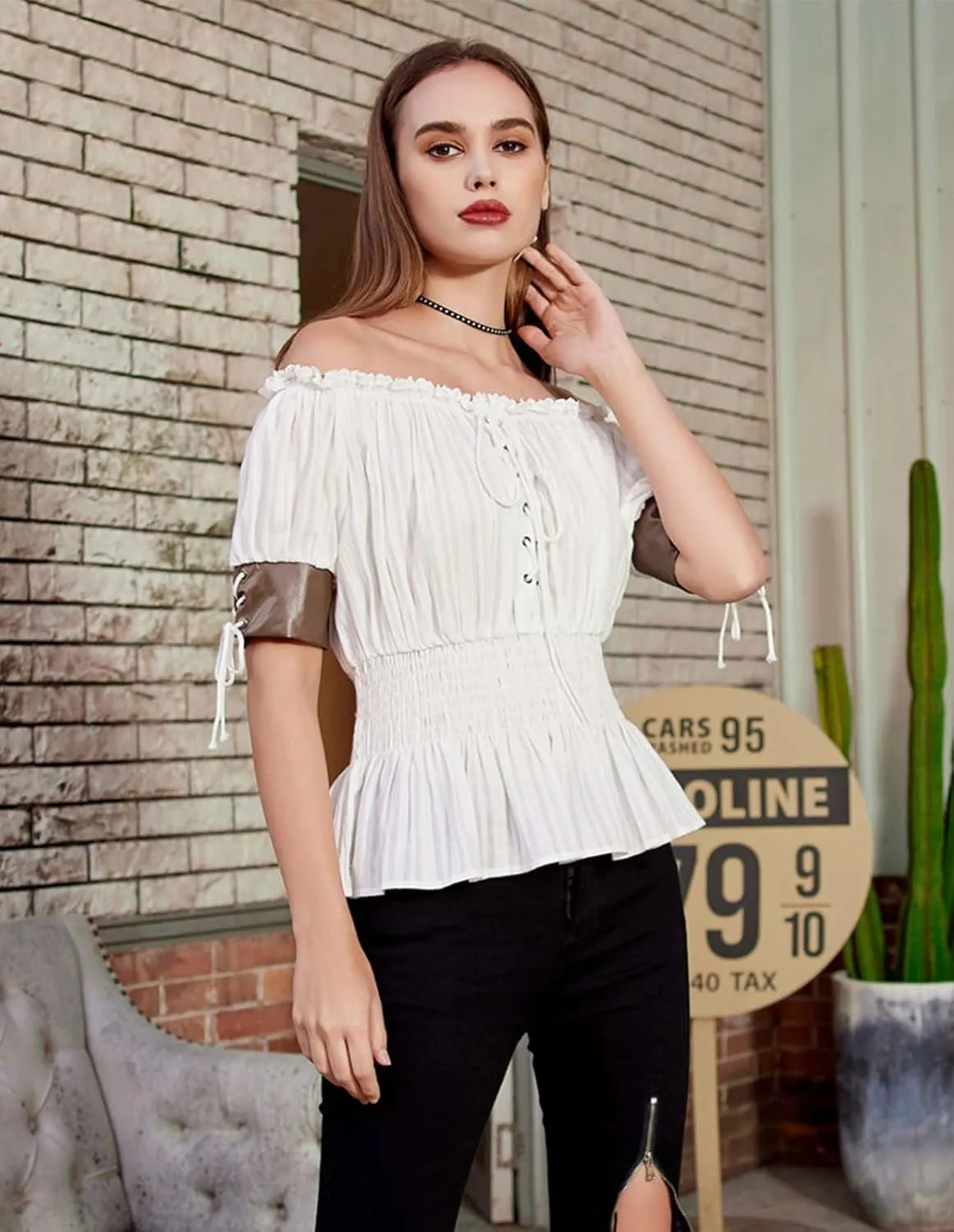 Belle Poque Women Renaissance Off Shoulder Blouse Smocked Waist Pirate Shirt Peplum Tops