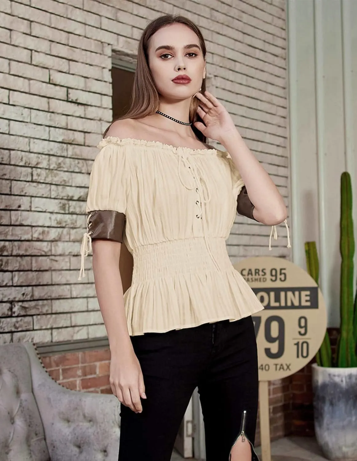 Belle Poque Women Renaissance Off Shoulder Blouse Smocked Waist Pirate Shirt Peplum Tops