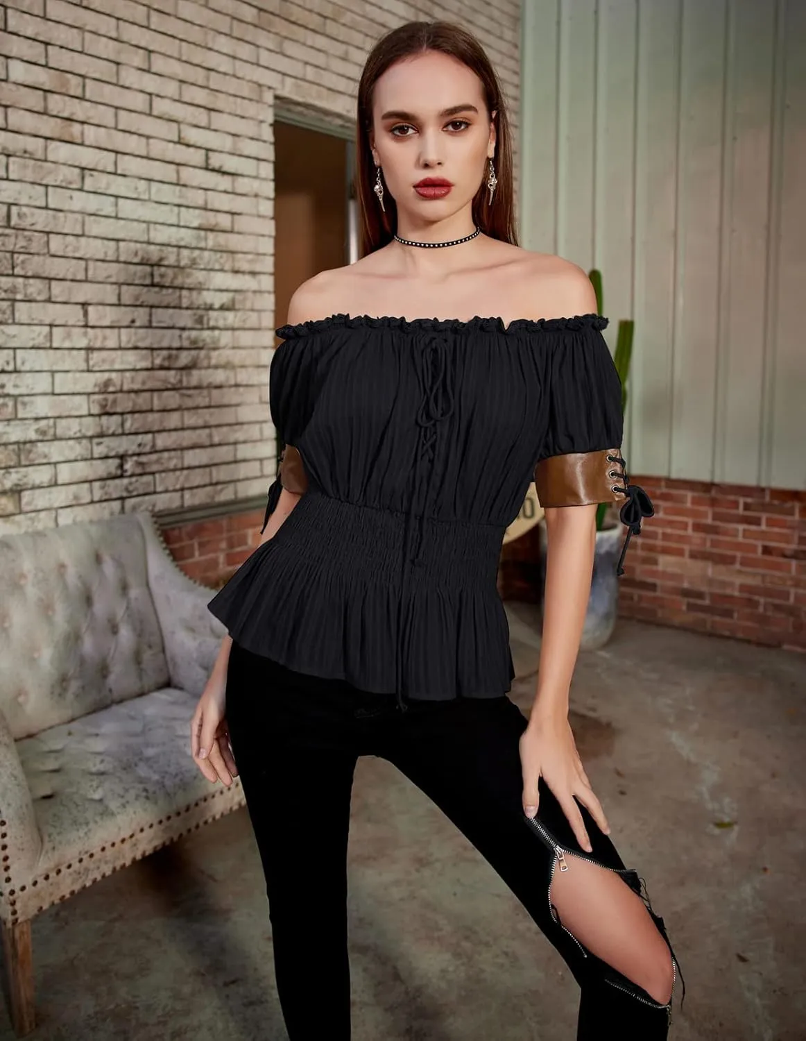 Belle Poque Women Renaissance Off Shoulder Blouse Smocked Waist Pirate Shirt Peplum Tops