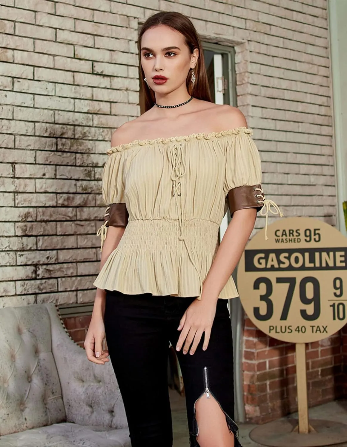 Belle Poque Women Renaissance Off Shoulder Blouse Smocked Waist Pirate Shirt Peplum Tops