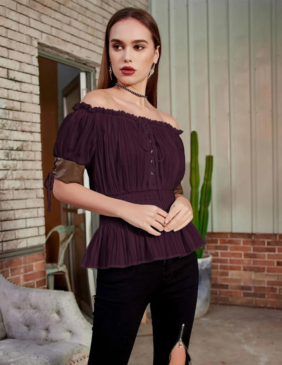 Belle Poque Women Renaissance Off Shoulder Blouse Smocked Waist Pirate Shirt Peplum Tops