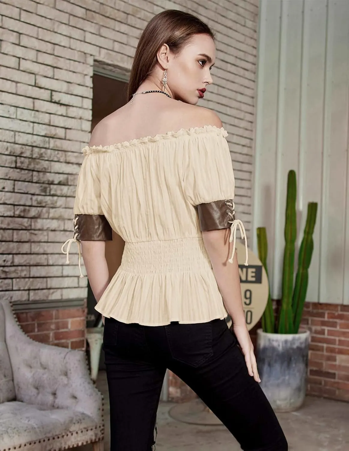 Belle Poque Women Renaissance Off Shoulder Blouse Smocked Waist Pirate Shirt Peplum Tops