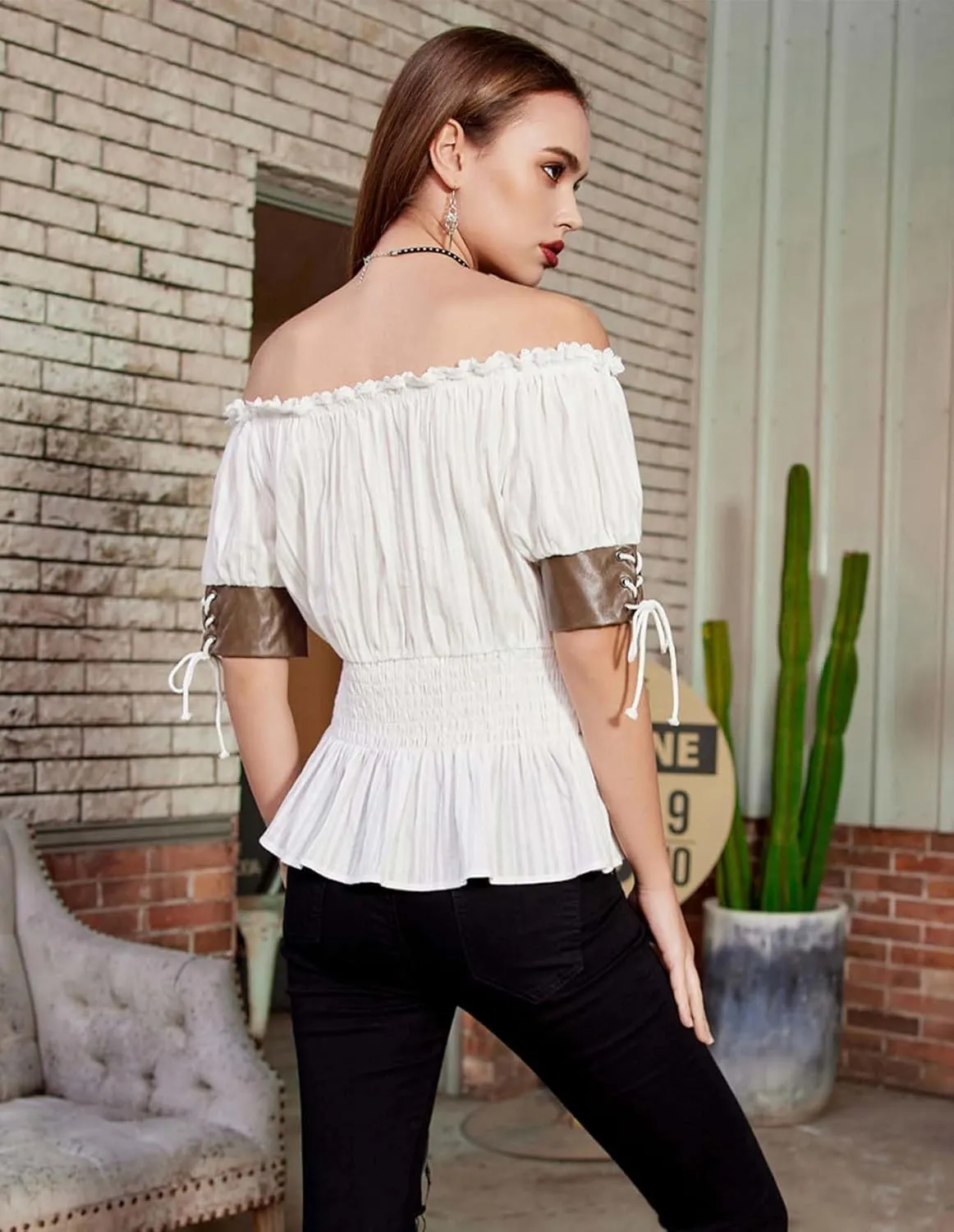 Belle Poque Women Renaissance Off Shoulder Blouse Smocked Waist Pirate Shirt Peplum Tops