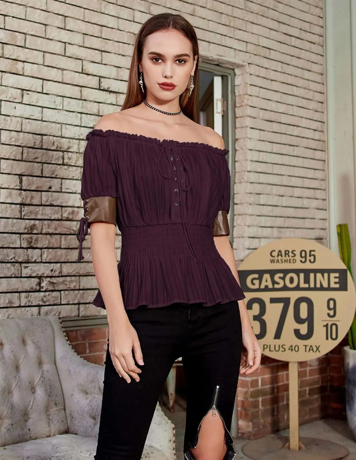 Belle Poque Women Renaissance Off Shoulder Blouse Smocked Waist Pirate Shirt Peplum Tops