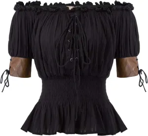 Belle Poque Women Renaissance Off Shoulder Blouse Smocked Waist Pirate Shirt Peplum Tops