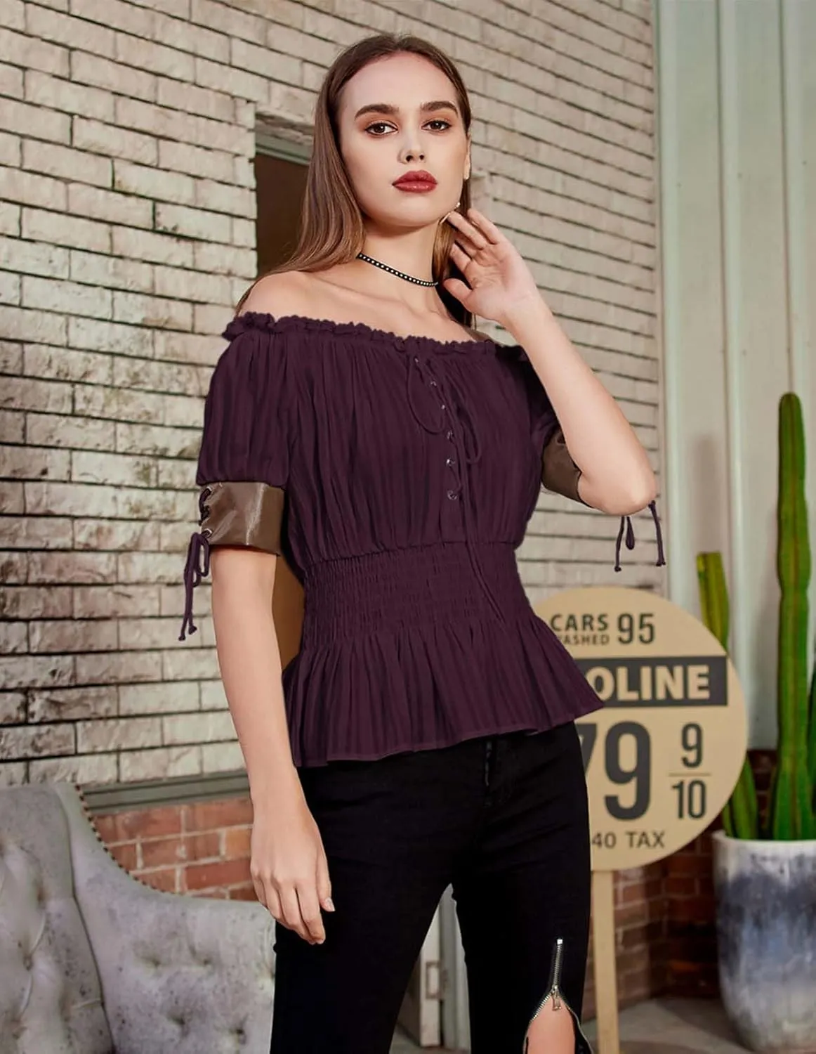 Belle Poque Women Renaissance Off Shoulder Blouse Smocked Waist Pirate Shirt Peplum Tops