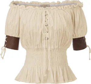 Belle Poque Women Renaissance Off Shoulder Blouse Smocked Waist Pirate Shirt Peplum Tops